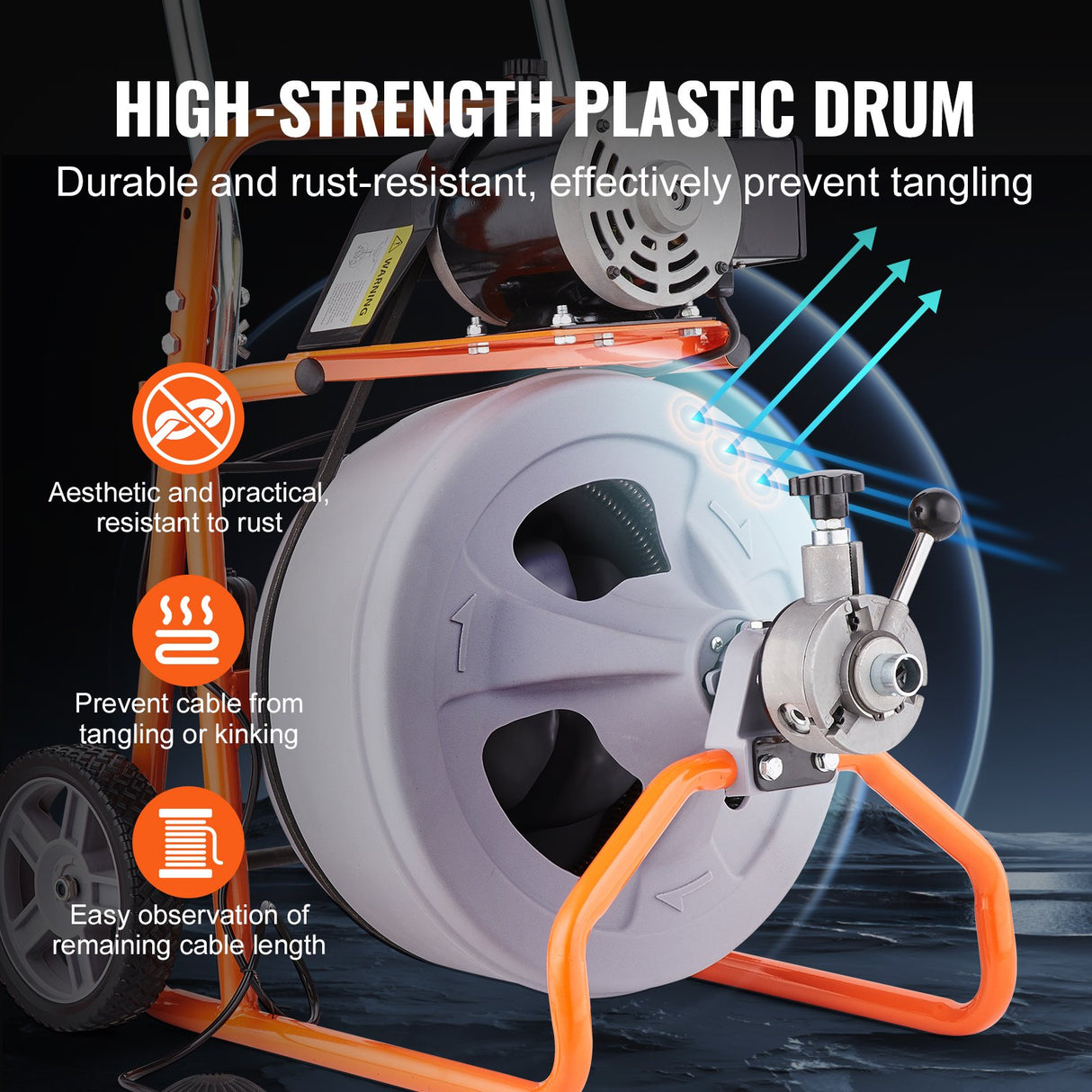 Drain Cleaner Machine 100FT x 1/2 Inch, Auto Feed Sewer Snake Drain Auger on Wheels, Portable Drain Cleaning Machine with 8 Cutters & Air-activated Foot Switch for 2" to 4" Pipes