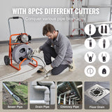 Drain Cleaner Machine 100FT x 1/2 Inch, Auto Feed Sewer Snake Drain Auger on Wheels, Portable Drain Cleaning Machine with 8 Cutters & Air-activated Foot Switch for 2