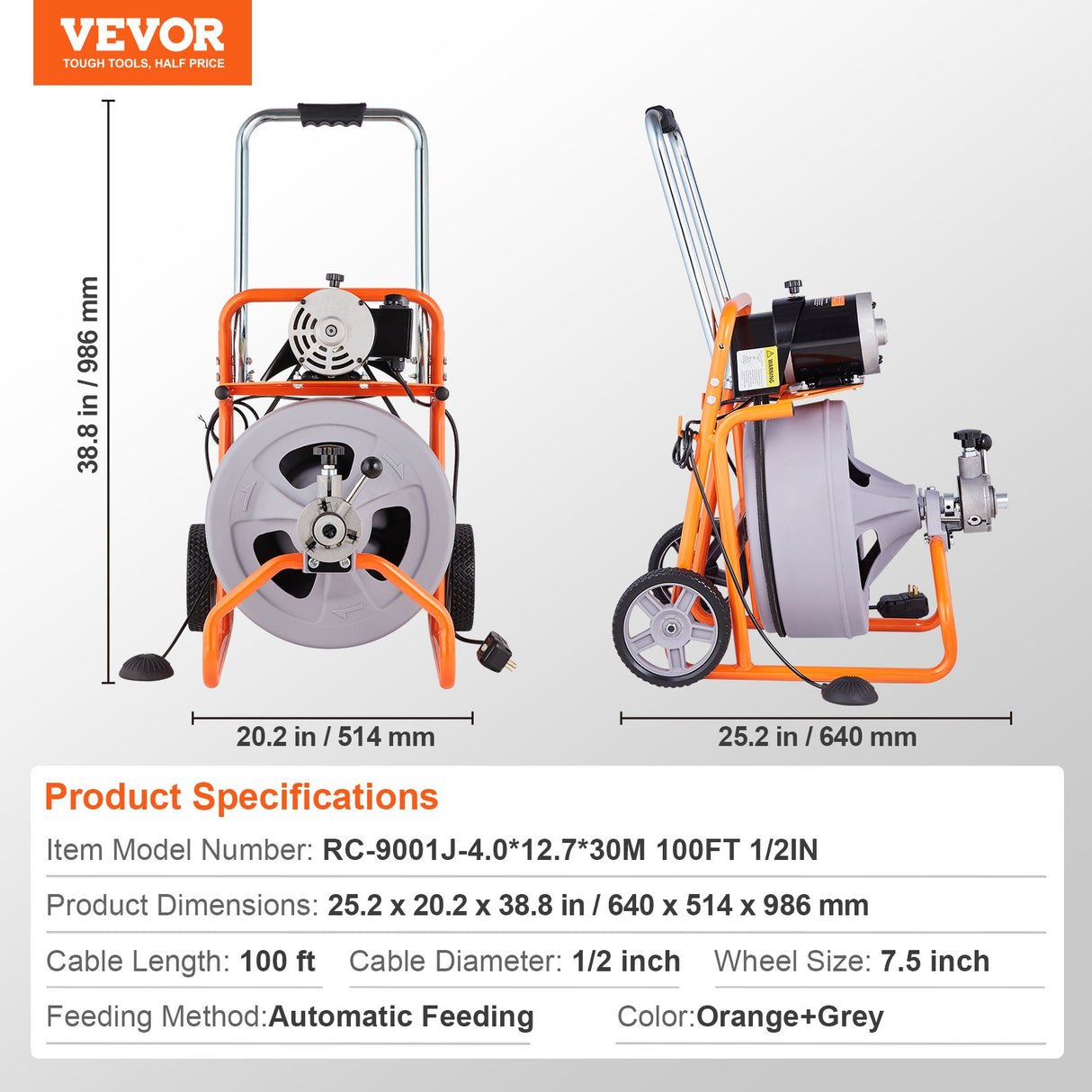 Drain Cleaner Machine 100FT x 1/2 Inch, Auto Feed Sewer Snake Drain Auger on Wheels, Portable Drain Cleaning Machine with 8 Cutters & Air-activated Foot Switch for 2" to 4" Pipes