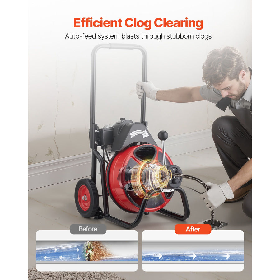 Drain Cleaner Machine 22m x 13mm, Auto Feed Sewer Snake Auger on Wheels, Portable Drain Cleaning Machine with, Portable