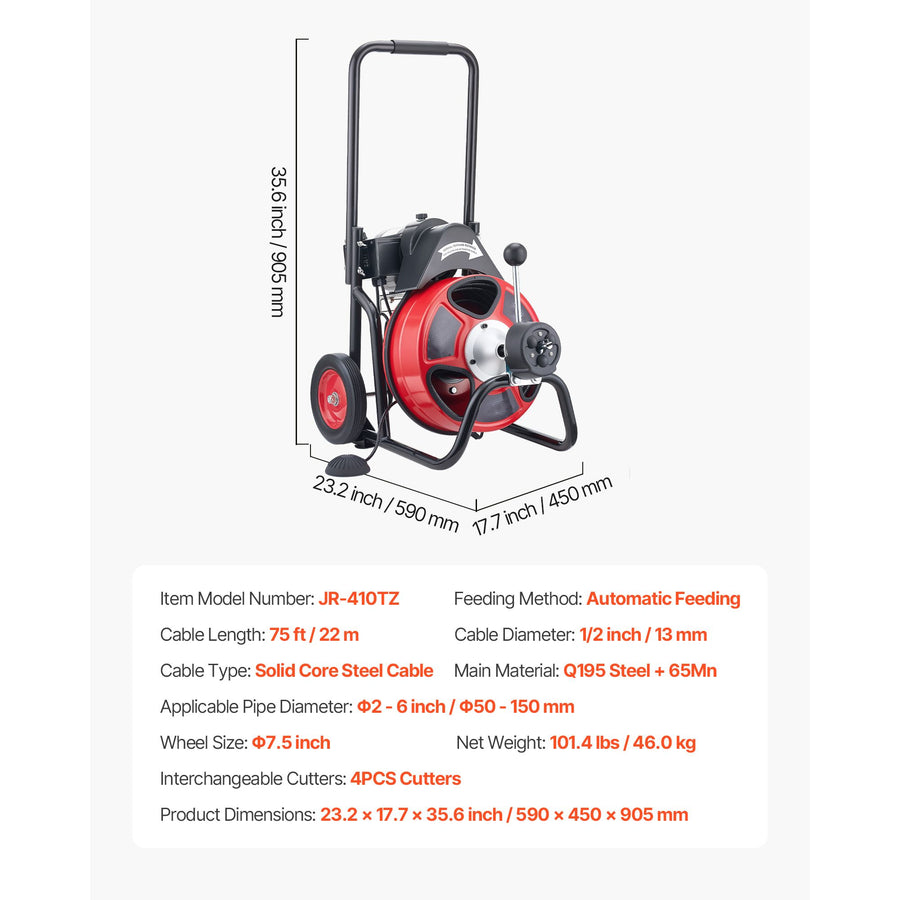 Drain Cleaner Machine 22m x 13mm, Auto Feed Sewer Snake Auger on Wheels, Portable Drain Cleaning Machine with, image 7