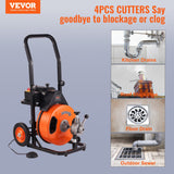 VEVOR Drain Cleaning Machine 50 FT x 1/2 Inch, Sewer Snake Machine Auto Feed, Drain Auger Cleaner with 4 Cutter & Air-Activated Foot Switch for 1" to