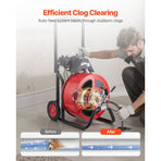 Drain Cleaner Machine 30m x 19mm, Auto Feed Sewer Snake Auger on Wheels, Portable Drain Cleaning Machine with 4 Cutters & Air-activated Foot Switch for 100mm to 200mm Pipes