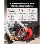 Drain Cleaner Machine 30m x 19mm, Auto Feed Sewer Snake Auger on Wheels, Portable Drain Cleaning Machine with 4 Cutters & Air-activated Foot Switch for 100mm to 200mm Pipes