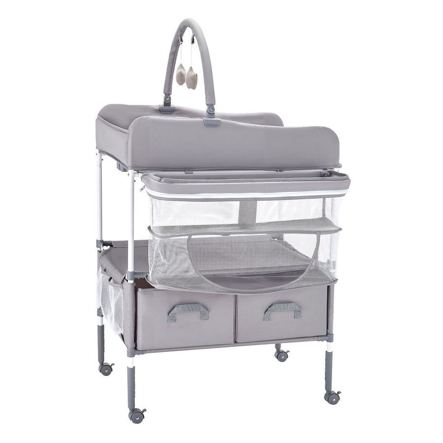 Baby Changing Table, Foldable Diaper Change Station with 2 Fabric Drawers, Side Basket & Hanging Rod, Adjustable Height Portable Changing Table with Lockable Wheels & 2 Star Toys, Light Gray