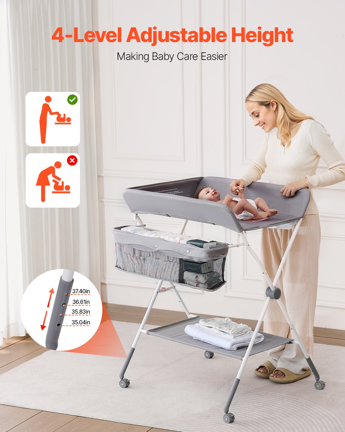 VEVOR Foldable Baby Changing Diaper Station with Side Basket & Wheels Light Gray