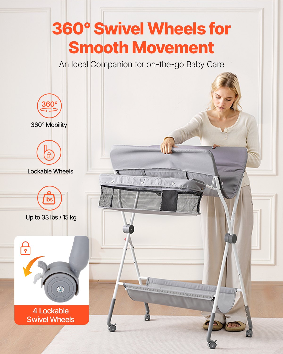 VEVOR Foldable Baby Changing Diaper Station with Side Basket & Wheels Light Gray