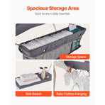 Baby Changing Table, Foldable Diaper Change Station with Side Basket, Adjustable Height Portable Changing Table with Lockable Wheels, Multi-Functional Storage Organizer Nursery, Dark Gray