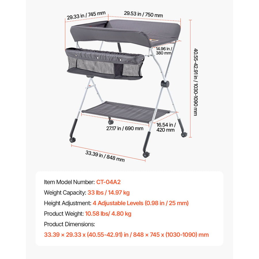 Baby Changing Table, Foldable Diaper Change Station with Side Basket, Adjustable Height Portable Changing Table with Lockable Wheels, Multi-Functional Storage Organizer Nursery, Dark Gray