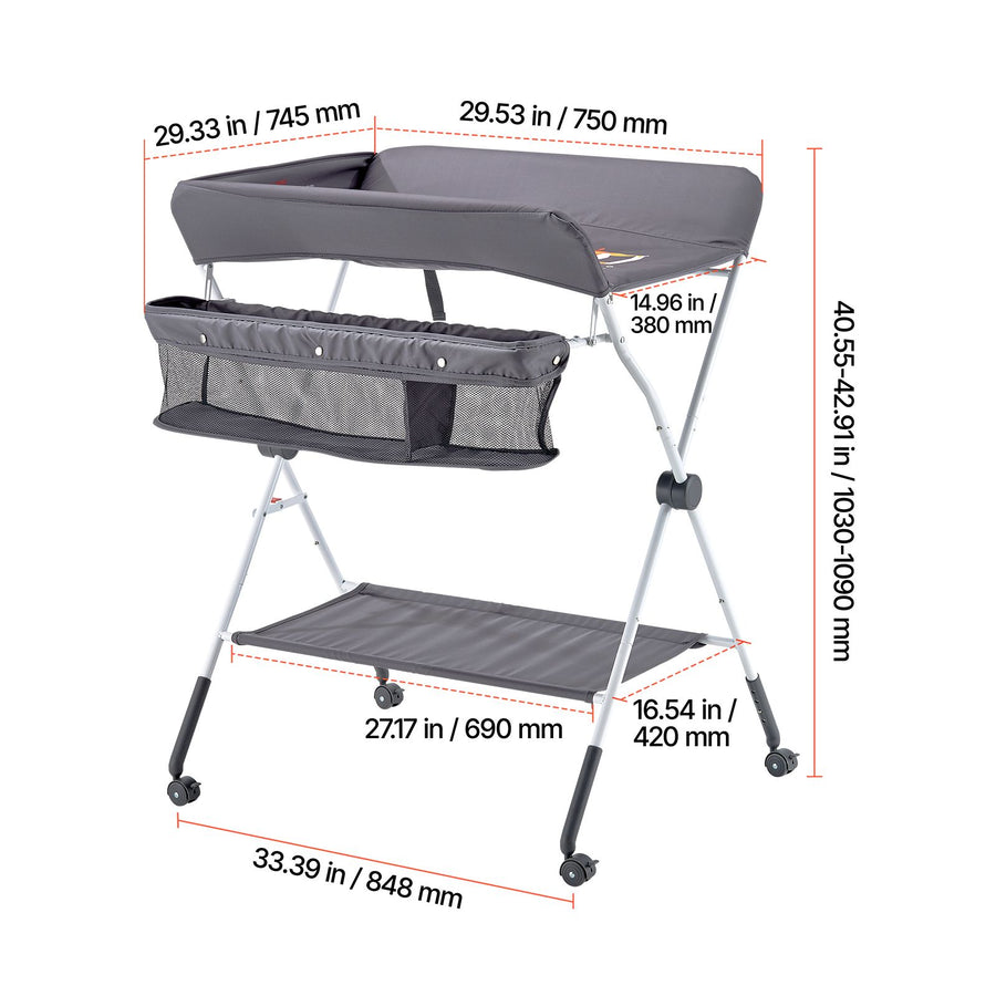 Baby Changing Table, Foldable Diaper Change Station with Side Basket, Adjustable Height Portable Changing Table with Lockable Wheels, Multi-Functional Storage Organizer Nursery, Dark Gray
