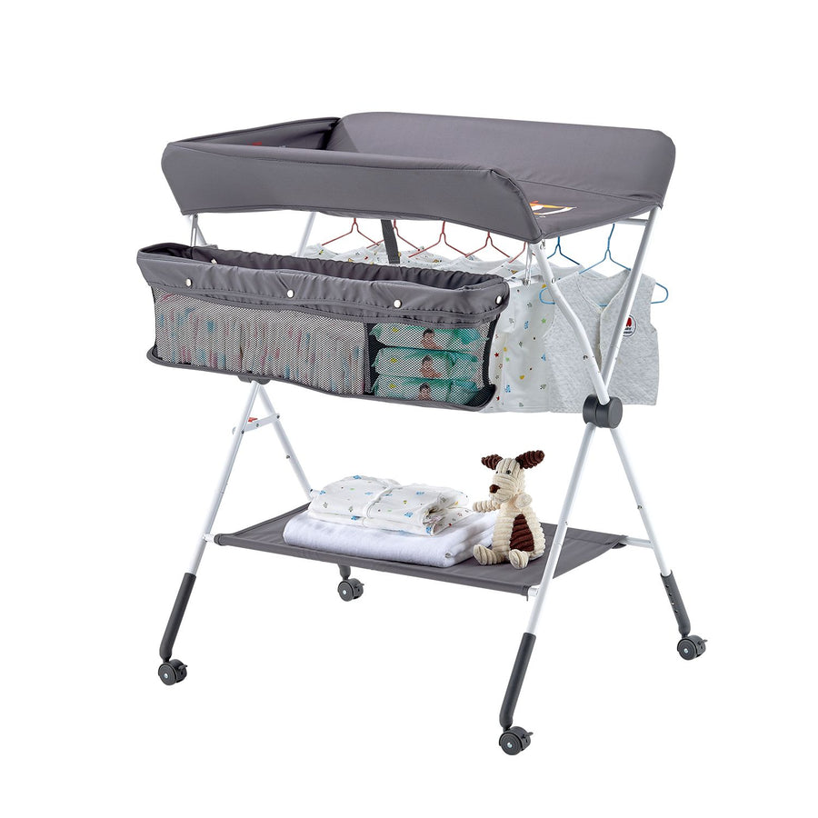 Baby Changing Table, Foldable Diaper Change Station with Side Basket, Adjustable Height Portable Changing Table with Lockable Wheels, Multi-Functional Storage Organizer Nursery, Dark Gray