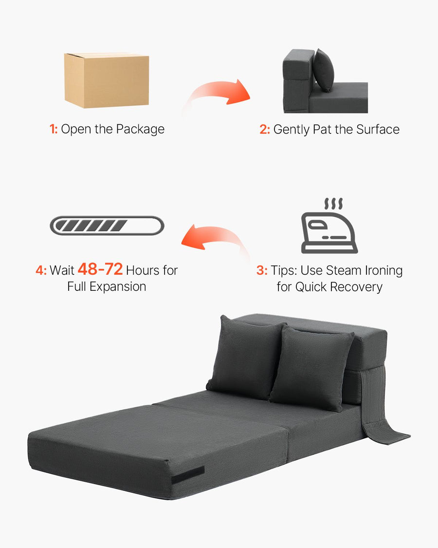 Folding Sofa Bed, 3-in-1 Foldable Couch Bed with 2 Pillows and Washable Cover, 25D High Density Memory Foam Convertible Sleeper Chair Bed, Futon Couch for Living Room, Bedroom, Dark Grey(Single)