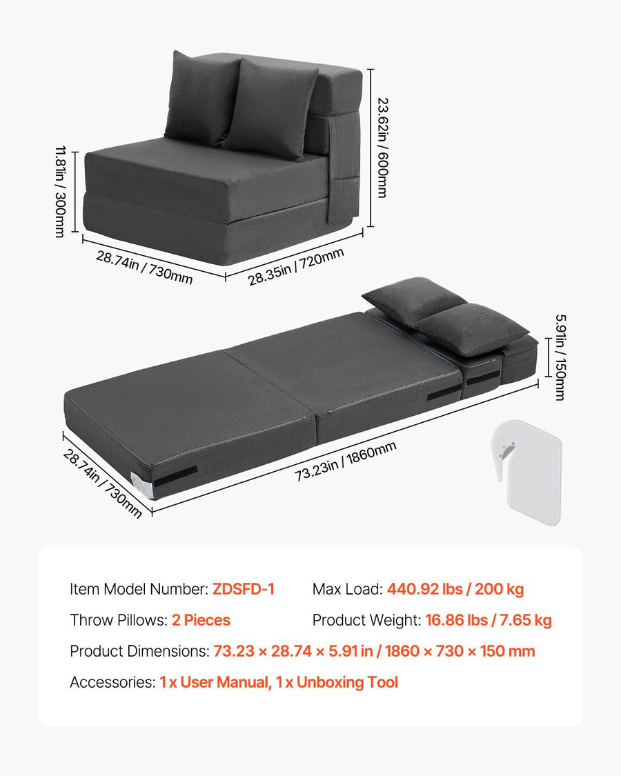 Folding Sofa Bed, 3-in-1 Foldable Couch Bed with 2 Pillows and Washable Cover, 25D High Density Memory Foam Convertible Sleeper Chair Bed, Futon Couch for Living Room, Bedroom, Dark Grey(Single)