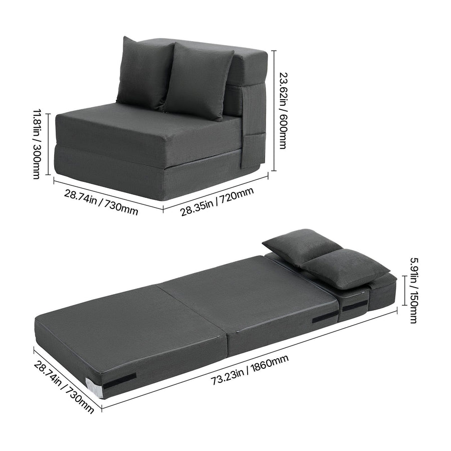 Folding Sofa Bed, 3-in-1 Foldable Couch Bed with 2 Pillows and Washable Cover, 25D High Density Memory Foam Convertible Sleeper Chair Bed, Futon Couch for Living Room, Bedroom, Dark Grey(Single)