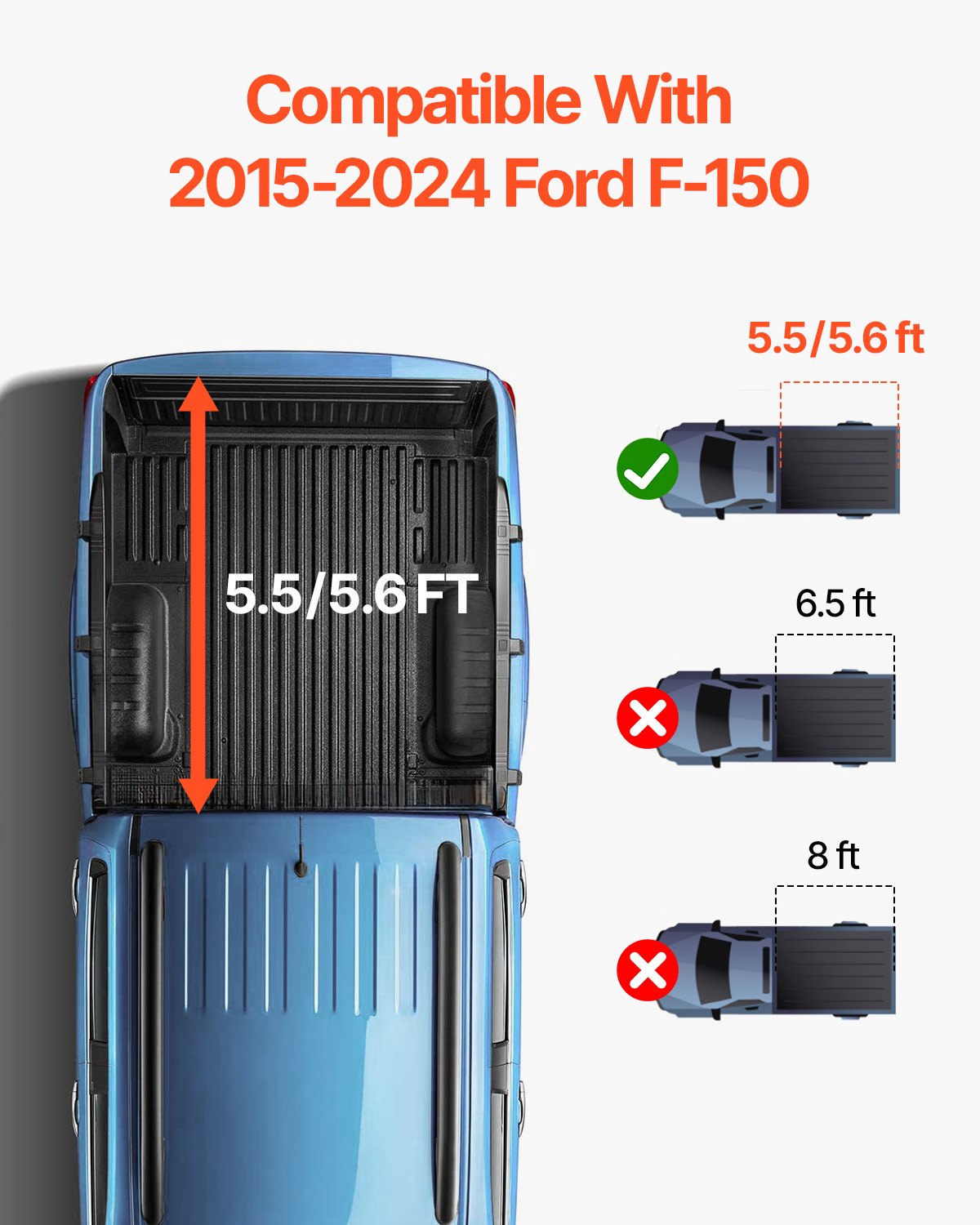VEVOR Tri-Fold Truck Bed Tonneau Cover, Compatible with 2015-2024 Ford F-150, Lightning, Styleside 1661 mm Bed, Fit 1704 x 1656 mm/1661 x 1656 mm Inside Bed, 181.4 kg Load Capacity, LED Light, Black