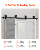 Bi-Folding Sliding Barn Door Hardware Track Kit, 64" Top Mount Track Kit, Slide Smoothly & Quietly, Heavy Duty, Easy to Install, Suitable for Four 15" Closet Pantry Laundry Doors (Not Included)
