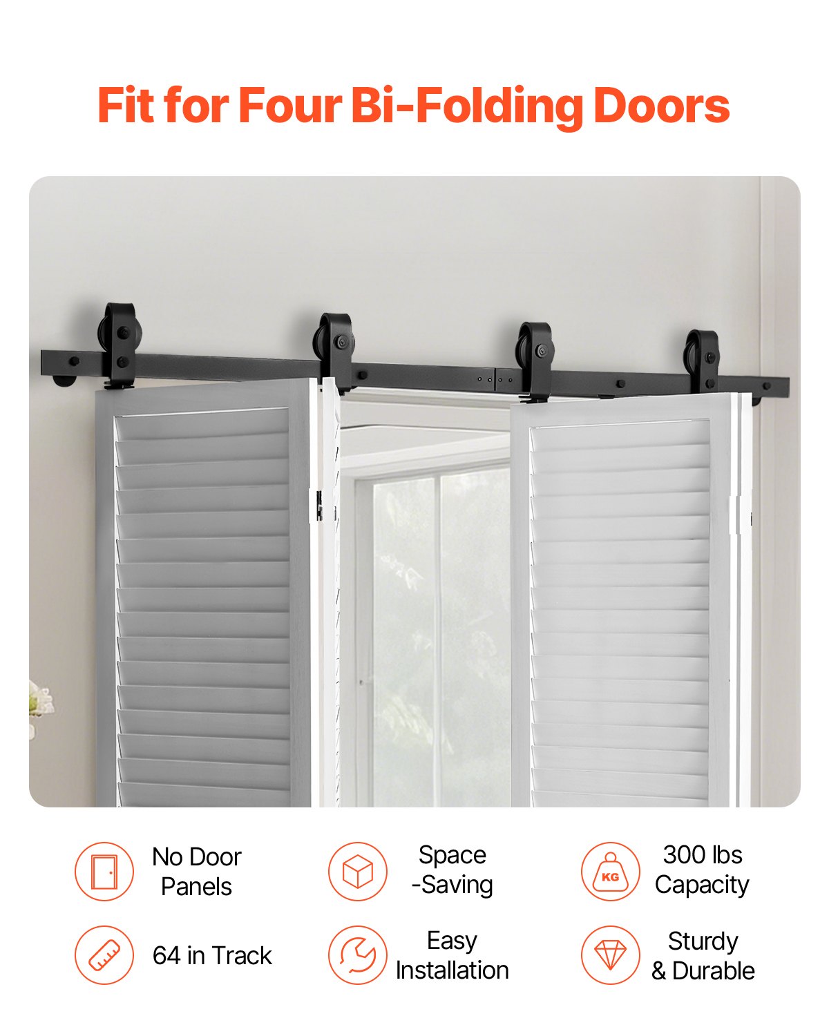 VEVOR Bi-Folding Sliding Barn Door Hardware Track Kit, 64" Top Mount Track Kit, Slide Smoothly & Quietly, Heavy Duty, Easy to Install, Suitable for Four 15" Closet Pantry Laundry Doors (Not Included)