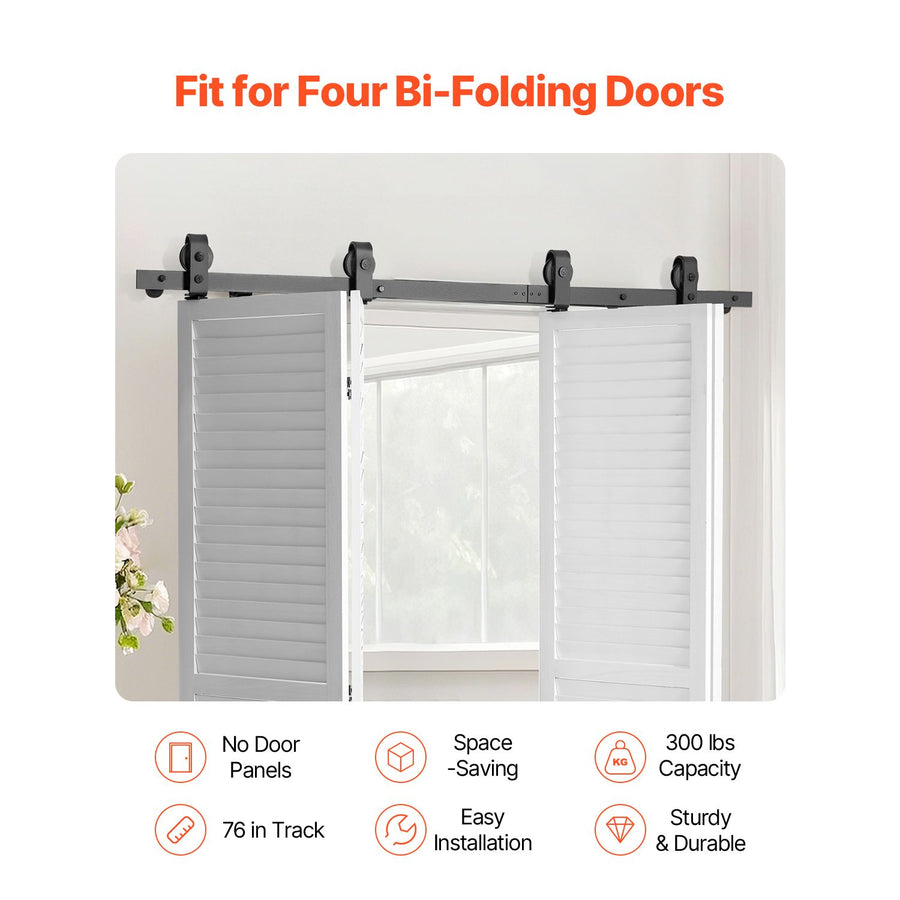 Bi-Folding Sliding Barn Door Hardware Track Kit, 76" Top Mount Track Kit, Slide Smoothly & Quietly, Heavy Duty, Easy to Install, Suitable for Four 18" Closet Pantry Laundry Doors (Not Included)