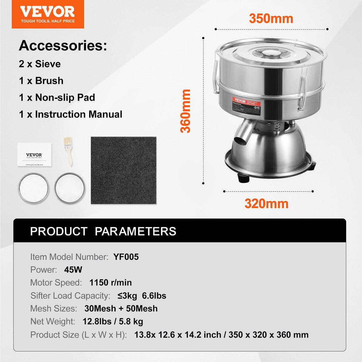 VEVOR Automatic Electric Vibrating Sieve, Stainless Steel Sifter Shaker Machine with 30+50 Mesh, 45W Automatic Powder Sifter Machine Countertop, Electric Sieve Shaker for Flour Powers, Mungbean, Rice