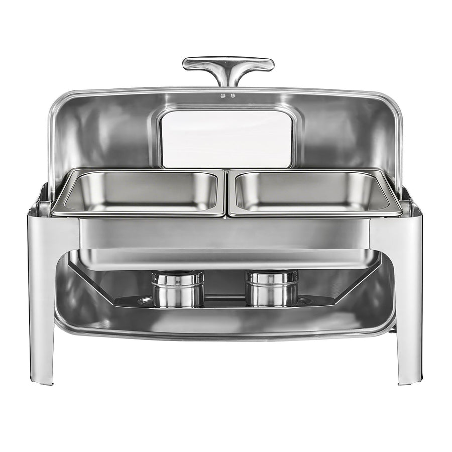 Roll Top Chafing Dish Buffet Complete Set, 9 Qt 1 Pack Stainless Steel Chafer with 2 Half Size Pans, Rectangle Catering Warmer Server with Visible Lid Water Pan Folding Stand Fuel Holder, Silver
