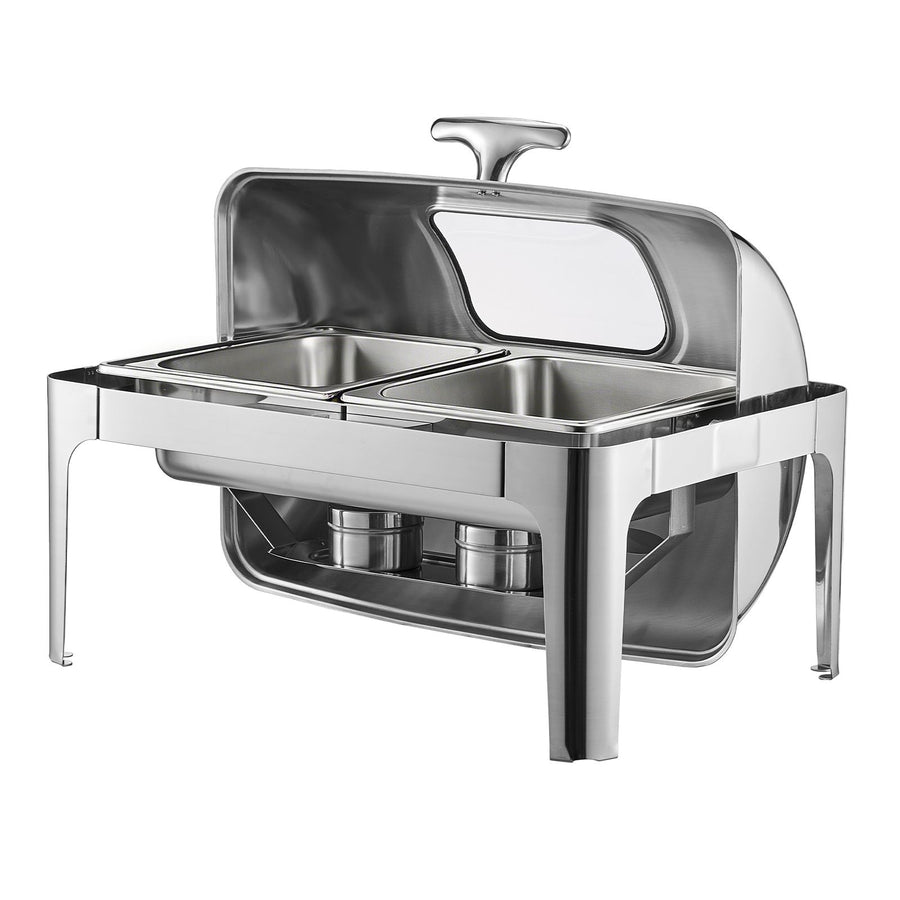 Roll Top Chafing Dish Buffet Complete Set, 9 Qt 1 Pack Stainless Steel Chafer with 2 Half Size Pans, Rectangle Catering Warmer Server with Visible Lid Water Pan Folding Stand Fuel Holder, Silver
