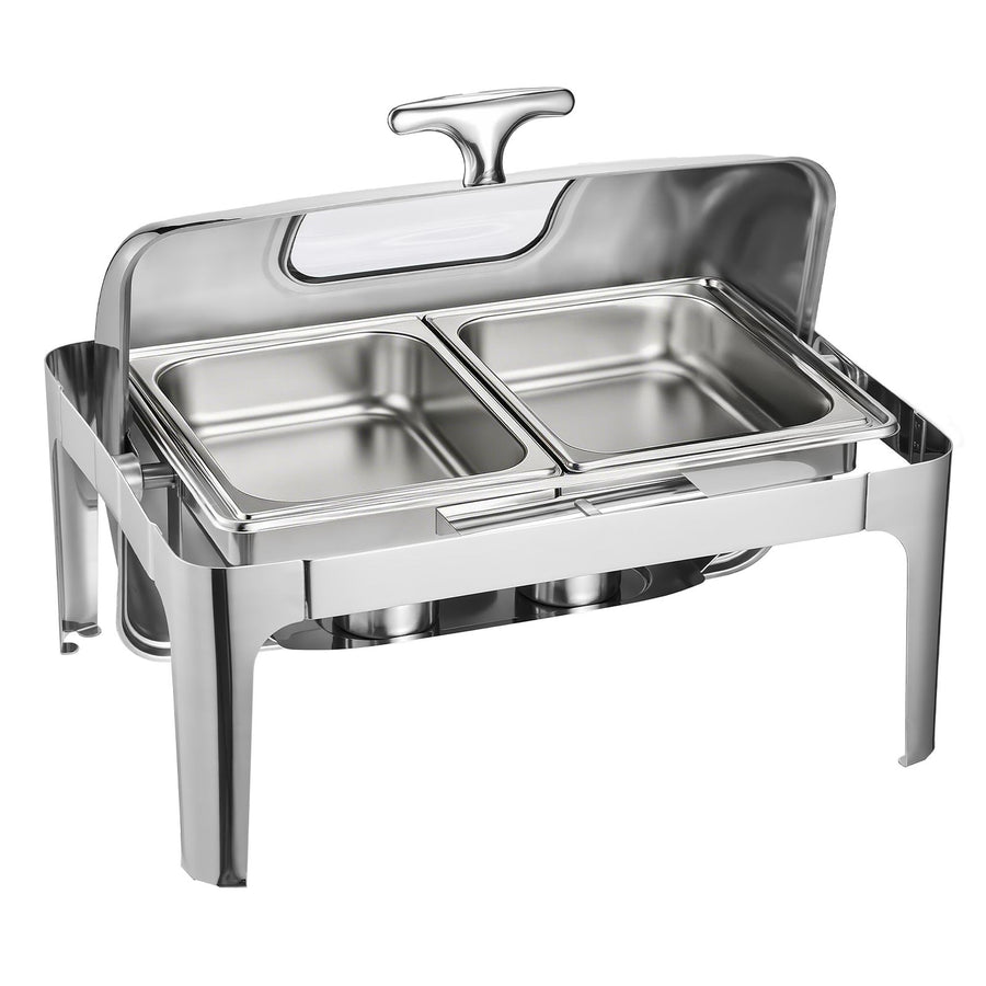 Roll Top Chafing Dish Buffet Complete Set, 9 Qt 1 Pack Stainless Steel Chafer with 2 Half Size Pans, Rectangle Catering Warmer Server with Visible Lid Water Pan Folding Stand Fuel Holder, Silver