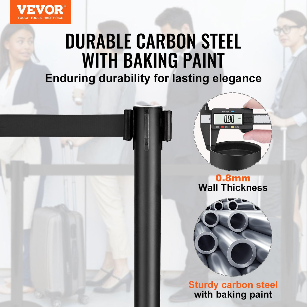 VEVOR Crowd Control Stanchions, 2-Pack Crowd Control Barriers, Carbon Steel Baking Painted Stanchion Queue Post with 11FT Black Retractable Belt, Belt