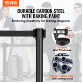 VEVOR Crowd Control Stanchions, 2-Pack Crowd Control Barriers, Carbon Steel Baking Painted Stanchion Queue Post with 11FT Black Retractable Belt, Belt Barriers Line Divider for Exhibition, Airport - Front View