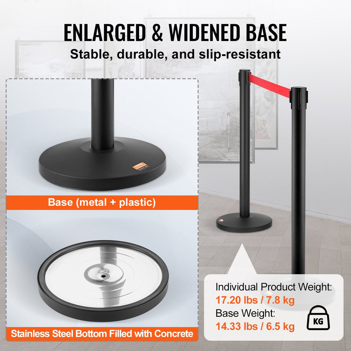 VEVOR Crowd Control Stanchions, 2-Pack Crowd Control Barriers, Carbon Steel Baking Painted Stanchion Queue Post with 11FT Black Retractable Belt, Belt