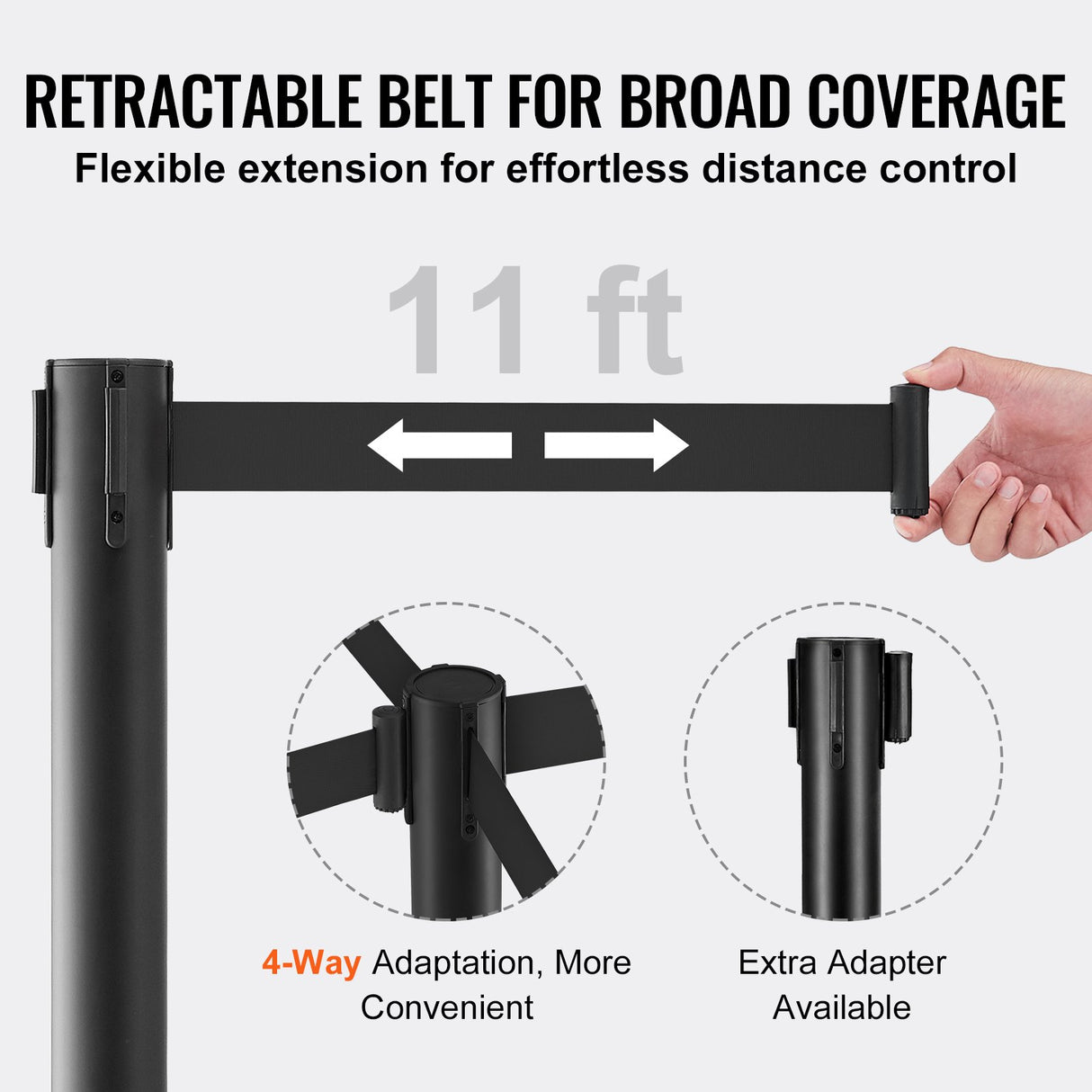 VEVOR Crowd Control Stanchions, 2-Pack Crowd Control Barriers, Carbon Steel Baking Painted Stanchion Queue Post with 11FT Black Retractable Belt, Belt