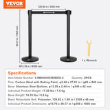 VEVOR Crowd Control Stanchions, 2-Pack Crowd Control Barriers, Carbon Steel Baking Painted Stanchion Queue Post with 11FT Black Retractable Belt, Belt Barriers Line Divider for Exhibition, Airport - Close-Up Angle
