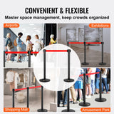 VEVOR Crowd Control Stanchions, 2-Pack Crowd Control Barriers, Carbon Steel Baking Painted Stanchion Queue Post with 11FT Red Retractable Belt, Belt Barriers Line Divider for Exhibition, Airport - Rear View