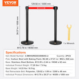 VEVOR Crowd Control Stanchions, 2-Pack Crowd Control Barriers, Carbon Steel Baking Painted Stanchion Queue Post with 11FT Red Retractable Belt, Belt Barriers Line Divider for Exhibition, Airport - Close-Up Angle