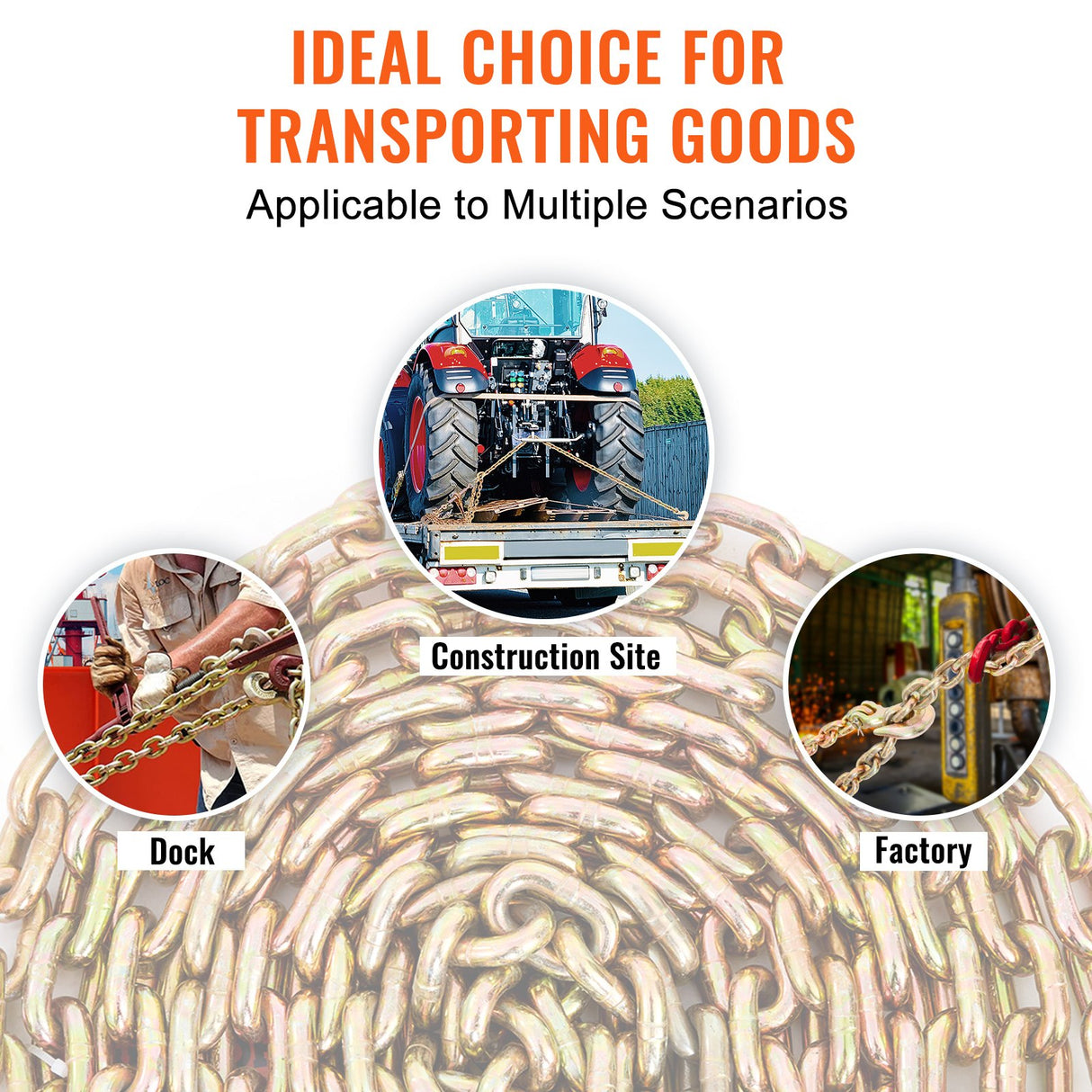 VEVOR Transport Binder Chain, 220 kg Working Load Limit, 3/8'' x 20' G80 Tow Chain Tie Down with Grab Hooks, DOT Certified, Galvanized Coating Manganese Steel for Dock Factory Construction Site