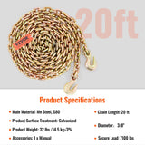 VEVOR Transport Binder Chain, 220 kg Working Load Limit, 3/8'' x 20' G80 Tow Chain Tie Down with Grab Hooks, DOT Certified, Galvanized Coating Manganese Steel for Dock Factory Construction Site - Close-Up Angle