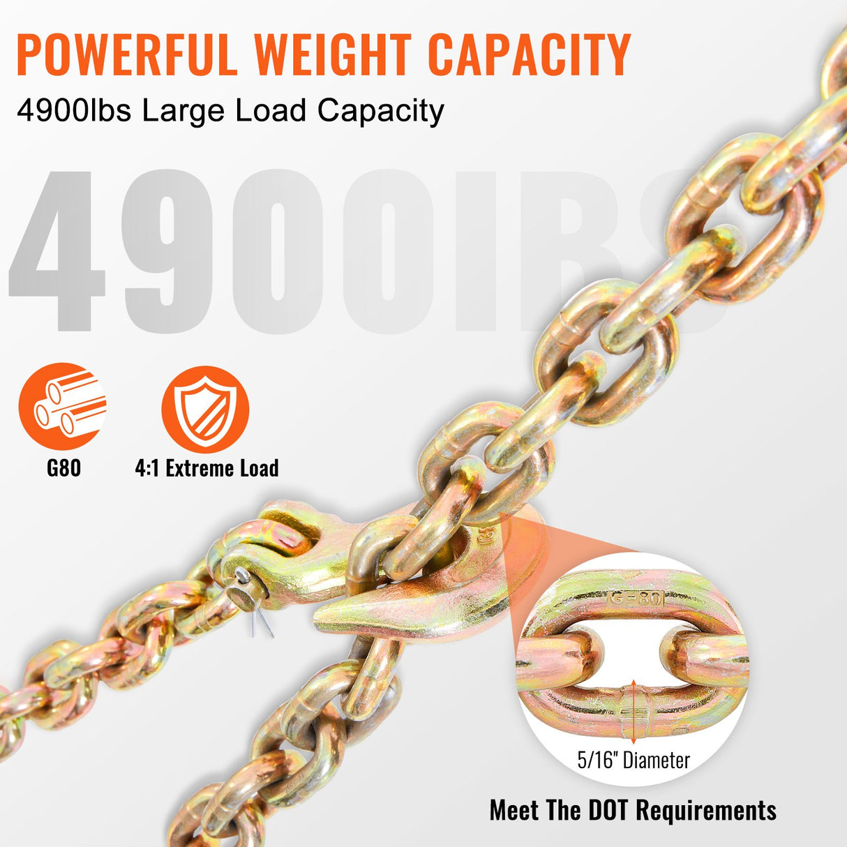 Transport Binder Chain, 2222 kg Working Load Limit, 5/16''x20' G80 Tow Chain Tie Down with Grab Hooks, DOT Certified, Galvanized Coating Manganese Steel for Dock Factory Construction Site, 2Pack