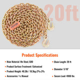 VEVOR Transport Binder Chain, 2222 kg Working Load Limit, 5/16''x20' G80 Tow Chain Tie Down with Grab Hooks, DOT Certified, Galvanized Coating Manganese Steel for Dock Factory Construction Site, 2Pack - Close-Up Angle