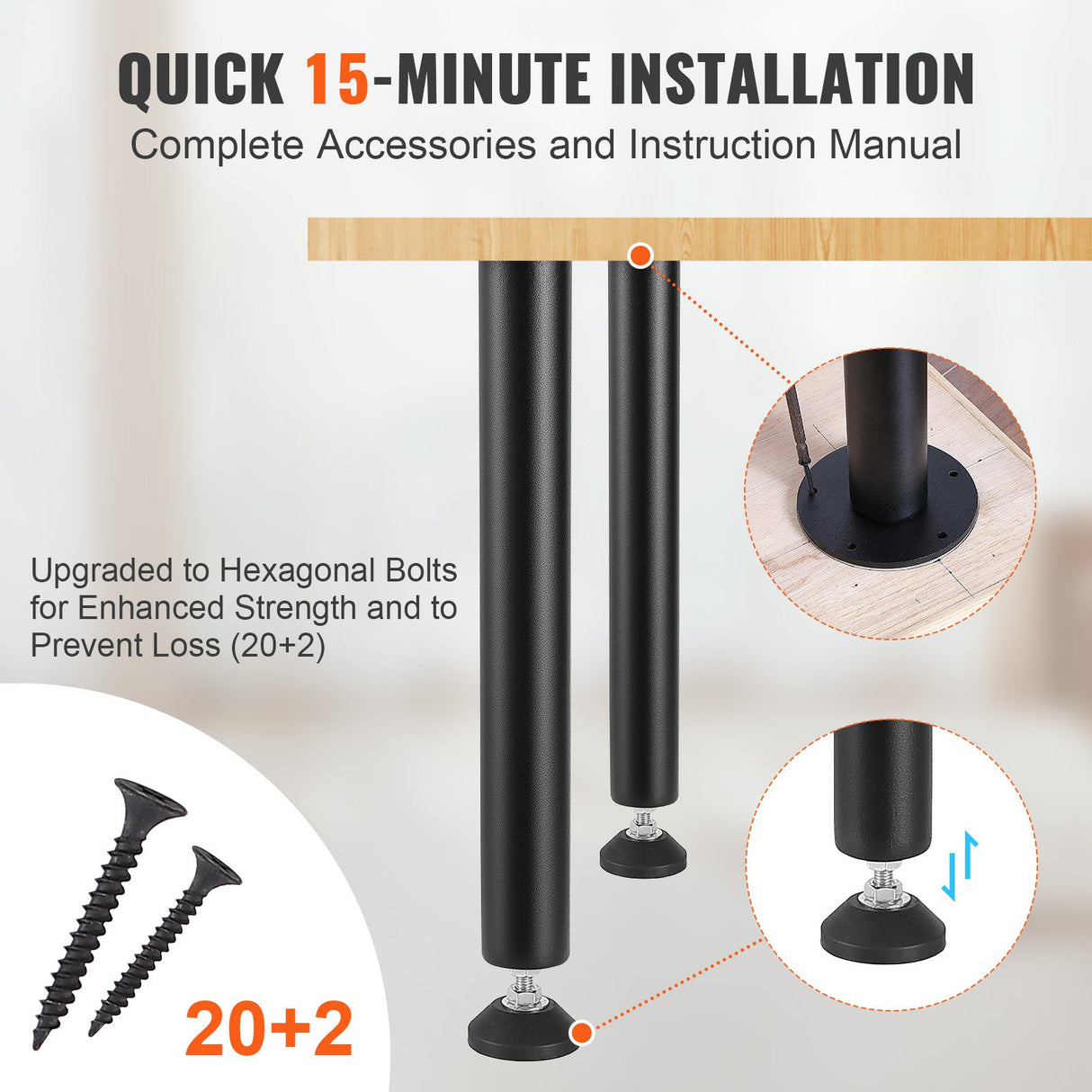 406.4MM Adjustable Desk Legs, Reinforced Steel Office Table Furniture legs Set of 4 for DIY, 1200 lbs Load Capacity Heavy Duty Desk Legs, Quick Instalation Legs with Adjustable Foot Cup Black
