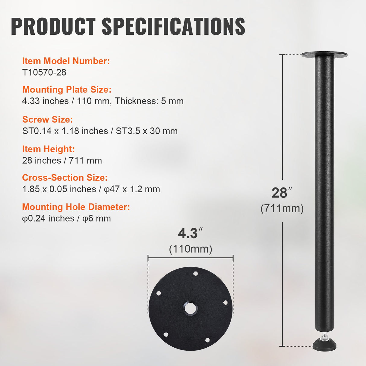 VEVOR 711.2MM Adjustable Desk Legs, Reinforced Steel Office Table Furniture legs Set of 4 for DIY, 544.3KG Load Capacity Heavy Duty Desk Legs, Quick