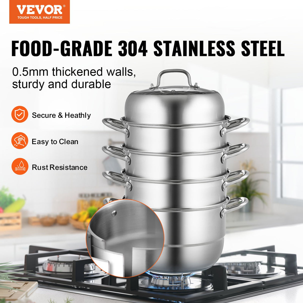 VEVOR Dumpling Steamer Stainless Steel 5 Titer for for Cook Soup, Noodles, Fishes Work with Gas Electric Grill Stove Top, Dia 30cm/11.8inch, Pot