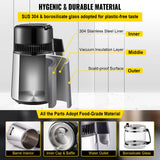 VEVOR 1.1 Gal Water Distiller, 0.3 Gal/H, 750W Distilled Water Maker Machine 0-99H Timing Set Temp Display, 304 Stainless Steel Countertop Distiller Glass Carafe Cleaning Powder 3 Carbon Packs, Silver - 45-Degree Angle