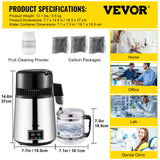 VEVOR 1.1 Gal Water Distiller, 0.3 Gal/H, 750W Distilled Water Maker Machine 0-99H Timing Set Temp Display, 304 Stainless Steel Countertop Distiller Glass Carafe Cleaning Powder 3 Carbon Packs, Silver