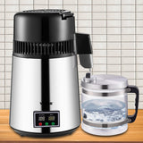VEVOR 1.1 Gal Water Distiller, 0.3 Gal/H, 750W Distilled Water Maker Machine 0-99H Timing Set Temp Display, 304 Stainless Steel Countertop Distiller Glass Carafe Cleaning Powder 3 Carbon Packs, Silver - Low Angle