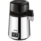 VEVOR 1.1 Gal Water Distiller, 0.3 Gal/H, 750W Distilled Water Maker Machine 0-99H Timing Set Temp Display, 304 Stainless Steel Countertop Distiller Glass Carafe Cleaning Powder 3 Carbon Packs, Silver