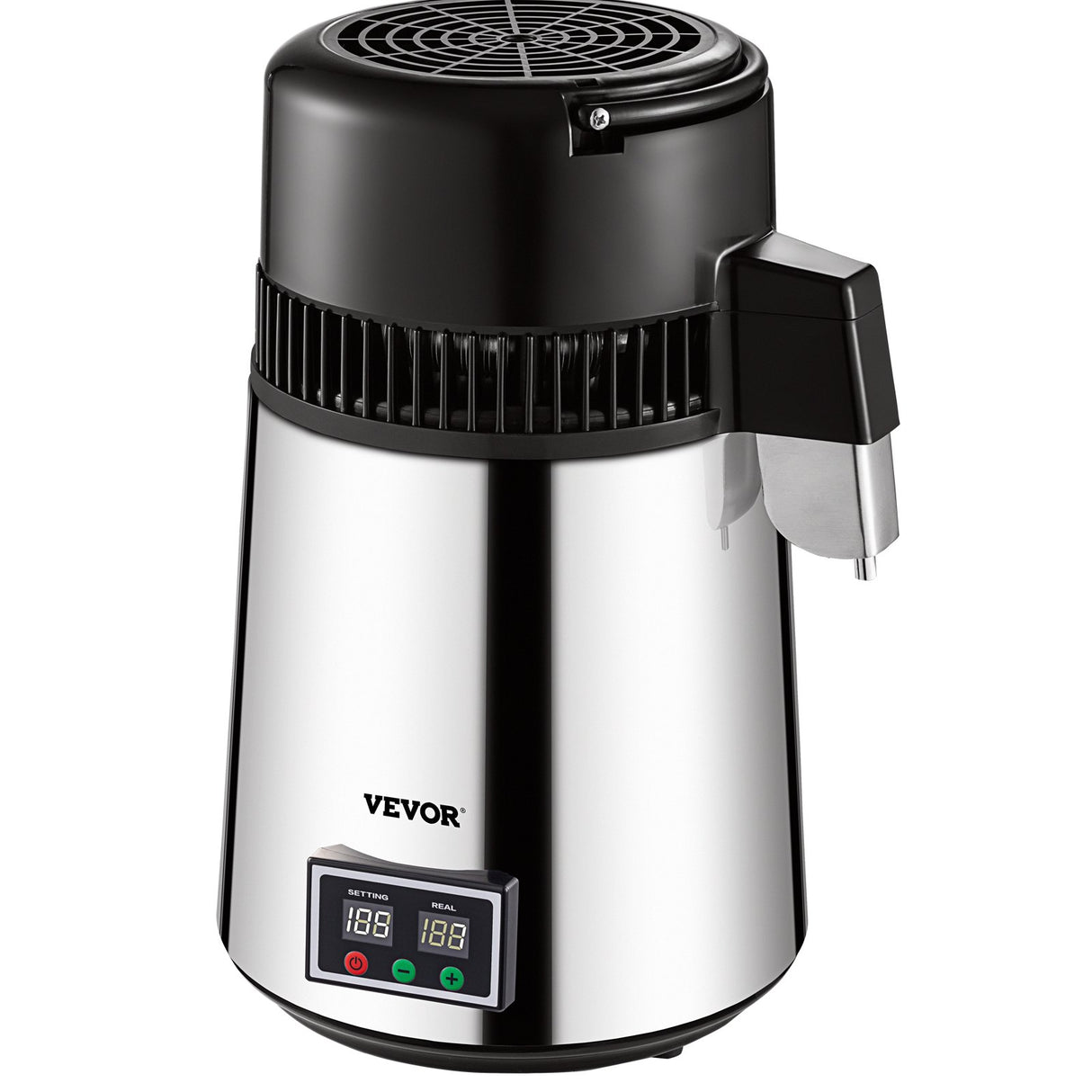 VEVOR 1.1 Gal Water Distiller, 0.3 Gal/H, 750W Distilled Water Maker Machine 0-99H Timing Set Temp Display, 304 Stainless Steel Countertop Distiller Glass Carafe Cleaning Powder 3 Carbon Packs, Silver