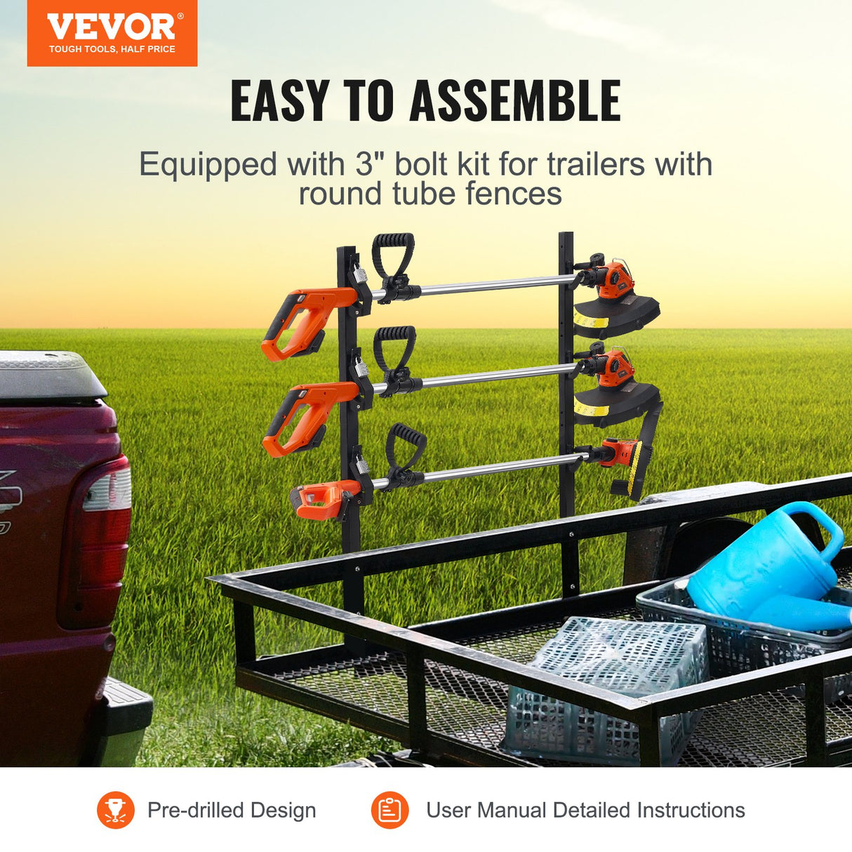 VEVOR Trimmer Rack, 3 Place Weeder Trimmer Rack, Locking Trim Holder Landscape Trailer Rack Carrier Mount on Open Pickup/Trailer Enclosed Trailers,