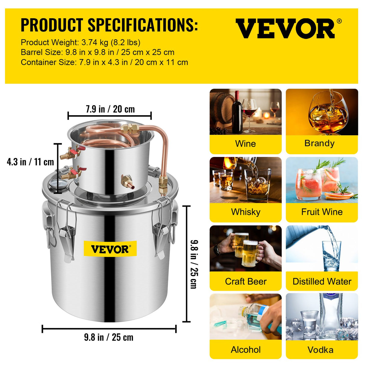VEVOR Moonshine Still 3 Gal 12L Stainless Steel Water Alcohol Distiller Copper Tube Home Brewing Kit Build-in Thermometer for DIY Whisky Wine Brandy, 3Gal, Sliver