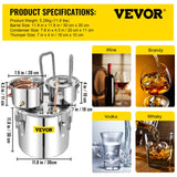 VEVOR Moonshine Still 5 Gal 21L Stainless Steel Water Alcohol Distiller Copper Tube Home Brewing Kit Build-in Thermometer for DIY Whisky Wine Brandy, 5GAL, 3 pots - Close-Up Angle
