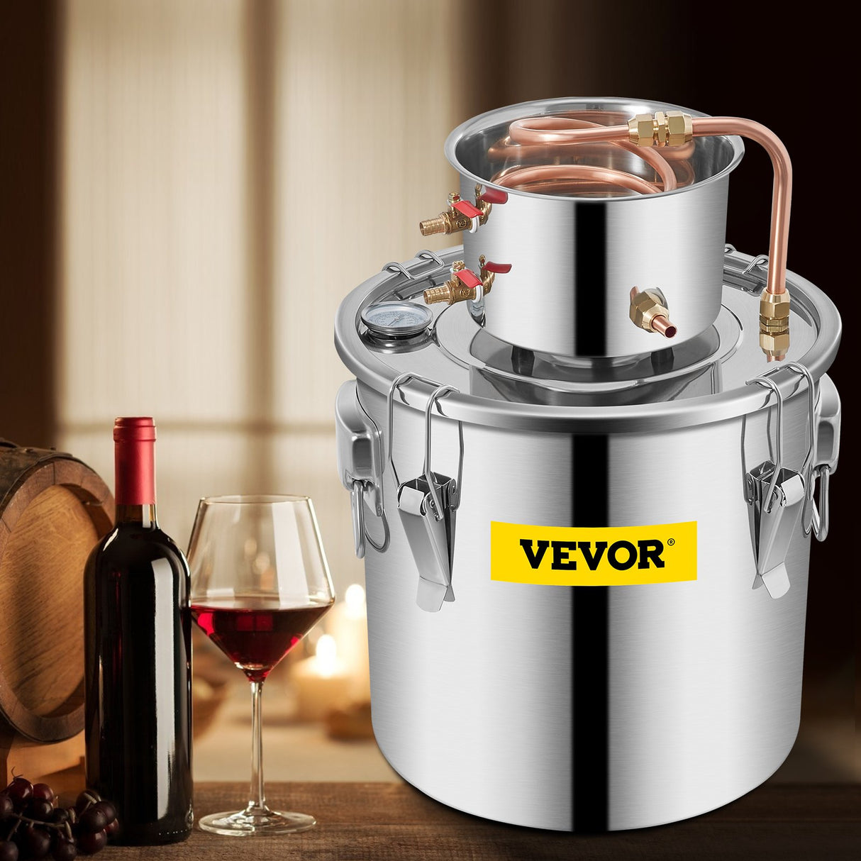 VEVOR Moonshine Still 9.6Gal 38L Stainless Steel Water Alcohol Distiller Copper Tube Home Brewing Kit Build-in Thermometer for DIY Whisky Wine Brandy, Sliver