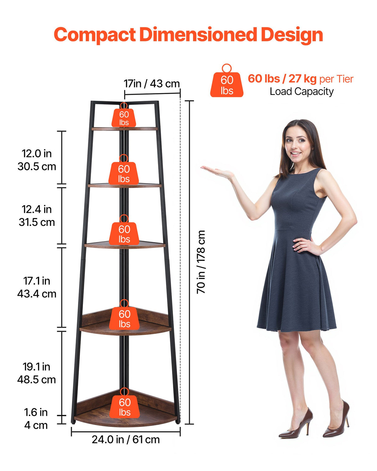 VEVOR 5 Tier Corner Shelf Tall Corner Bookshelf Plant Rack Wall Shelves Tower